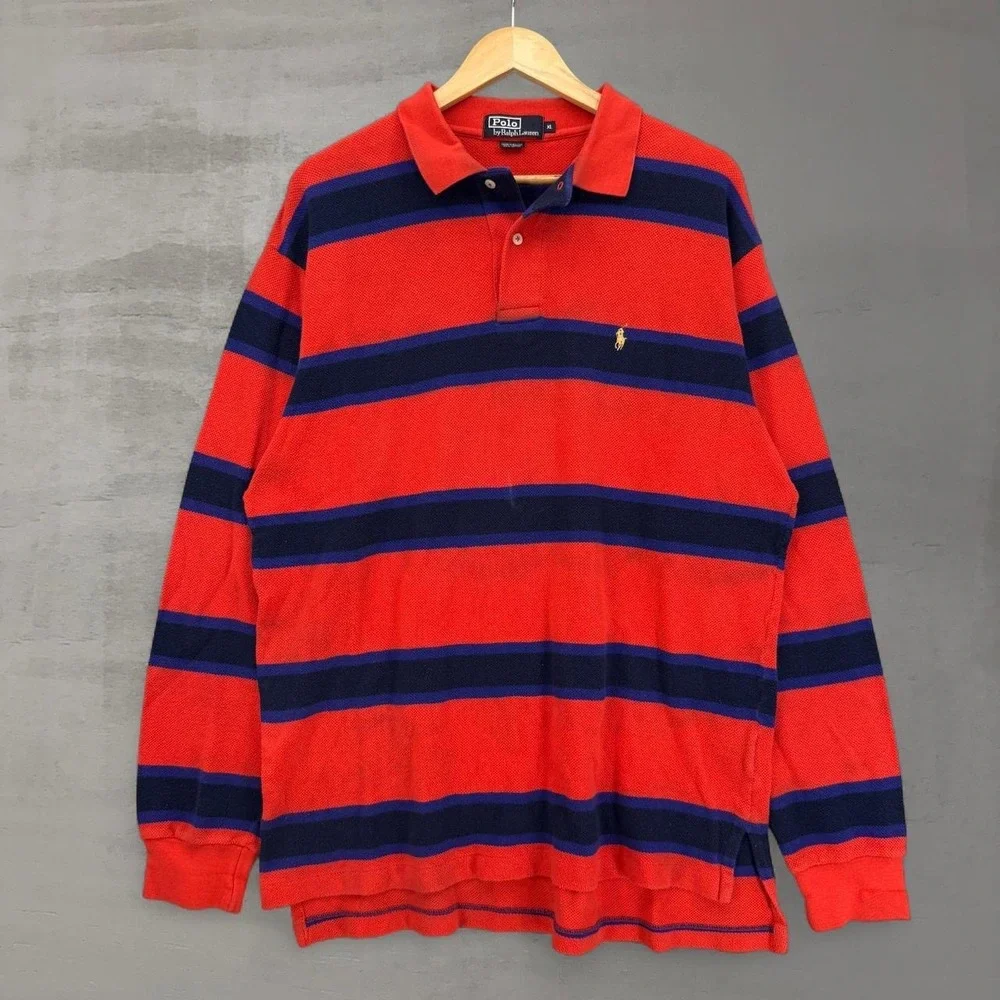 Vintage Polo Ralph Lauren Rugby Polo Shirt Red Navy Striped Long Sleeve XL